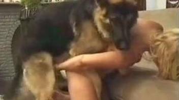 Blonde in a dress gets fucked from behind by a big dog