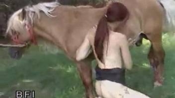 Slim redhead brutal sex with a horse in flaming outdoor scenes