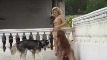 Two nasty rich sluts bangs outdoors with a husky