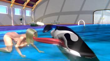 Killer whale fucks a blonde's throat in a pool
