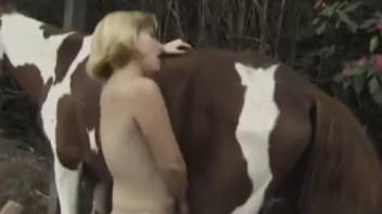 Golden-haired stunner in nylons screwing a stallion