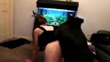 Skinny babe goes on all fours to fuck a sexy dog