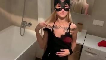 Blonde dressed in red gets creampied by a beast