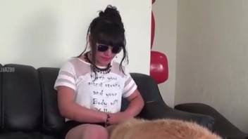 Hot dark-haired vixen with a soaked pussy screwing a puppy
