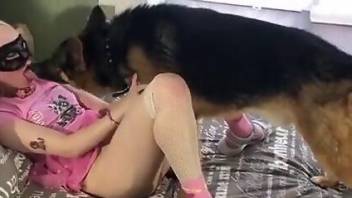 Pigtailed hottie in pink pounded by a sexy doggo