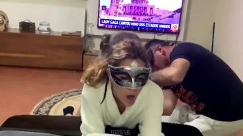 Sexy woman wearing a mask being mounted by a filthy canine