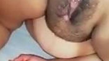 Black dog fucks naked female with hairy cunt in homemade XXX