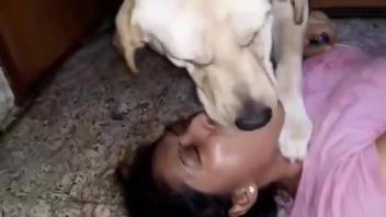 Energized brunette shares real dog perversions on the floor