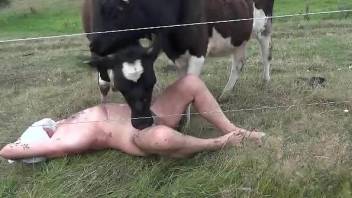 Hot bitch enjoying hard sex with two cows at once