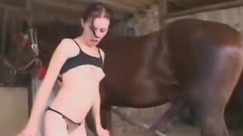 Amateur with thin lines goes wild on a big horse dick