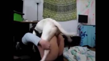 Canine vigorously mounts voluptuous woman from behind and ejaculates inside her