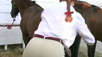 Gigantic horse drills a slender big-boobed jockey